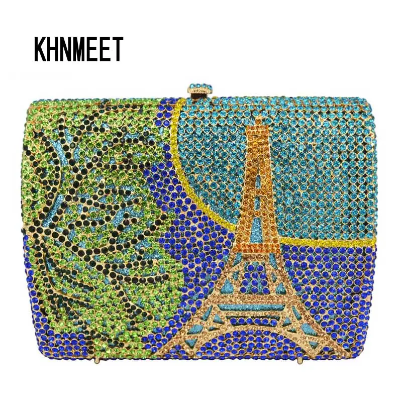 

KHNMEET Inlay Crystal evening bag Eiffel Tower pattern Clutch bag Luxury diamond evening bag chain pochette purse SC76