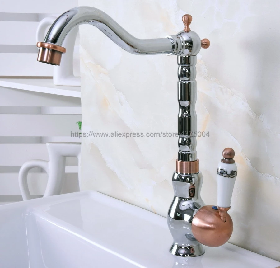 

Bathroom Sink Faucet Polished Chrome And Red Copper 360 Rotable Basin Faucet Water Tap Single Handle Cold and Hot Water Nnf911