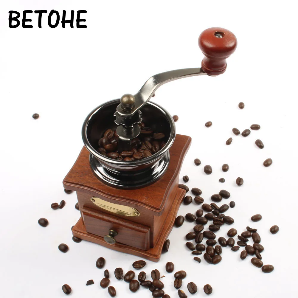 BETOHE Classical Wooden Mini Manual Coffee Mill Wood Stand Bowl Antique Hand Coffee Bean Grinder