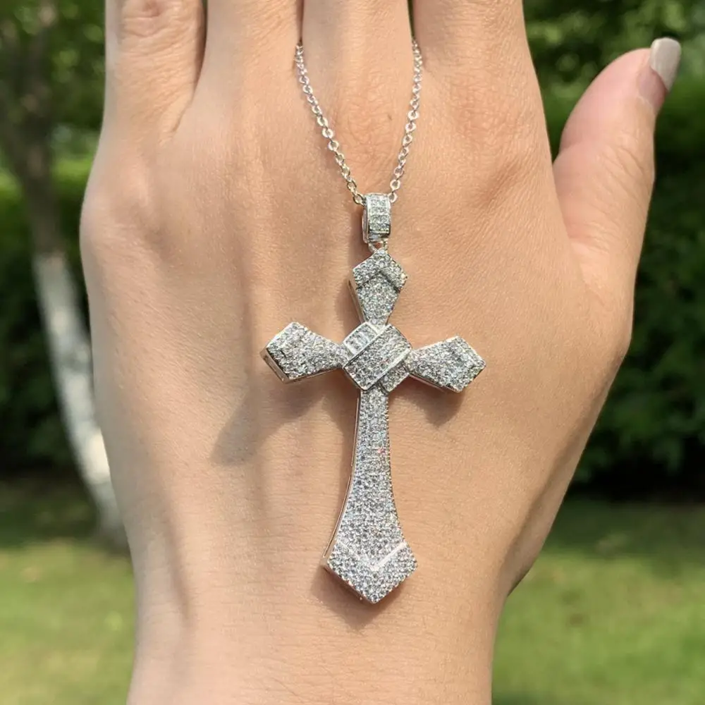 Stunning Vintage Fashion Jewelry Hip Hop 925 Sterling Silver Pave White Clear 5A Cubic Zirconia Cross Pendant Women Necklace