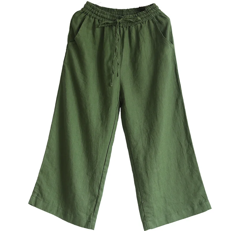 LZJN-Ankle Length Summer Pants for Women, Wide Leg Trousers, Casual Linen Pants, Elastic Waist Ladies Capris, Quality Binding,