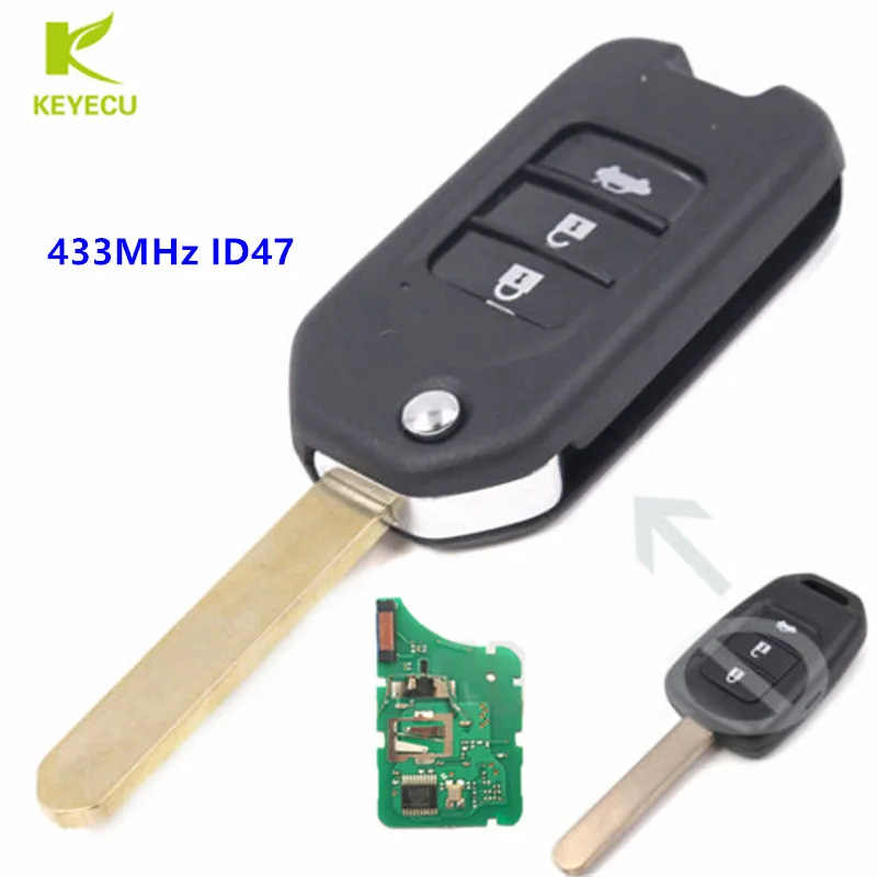 KEYECU Replacement Upgraded Foding Remote Key Fob 3B 433MHz ID47 for Honda Civic City B-RV Accord Crider 2013 2014 2015 2016