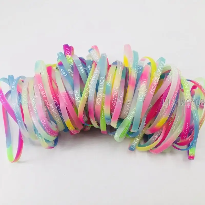 Pack of 200pcs Multicolor Love Friednship Style Wrist Cuff Power Silicone Bracelet elasticity