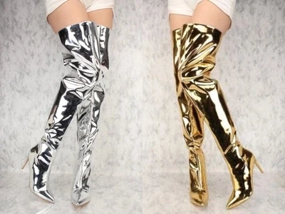 

Women Extremely Sexy Bling Bling Champagne Gold Silver Patent Leather Boots Pointed Tod Over-the-knee Tall Boots Thin High Heels