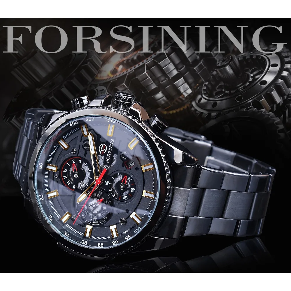 Forsining Watch + Bracelet Set Combination 2025 Black Clock Steampunk Complete Calendar Mens Sports Mechanical Automatic Watches