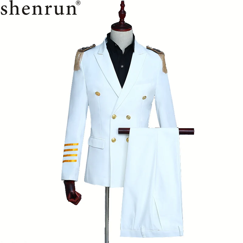 

Shenrun, белый, темно-синий, мужские облегающие костюмы капитана, Veteran, Униформа, мужской свадебный костюм жениха, Блейзер, приталенный двубортный пиджак
