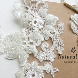 30*15.5CM Luxury beaded car bone lace flower wedding dress applique veil headdress accessories