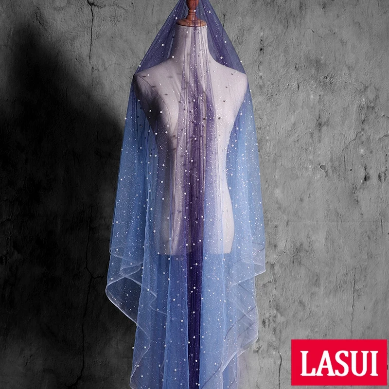 LASUI 2019 NEW 3 yards =1 piece Bright Fantasy dark blue gradient perspective Bronzing powder+white beaded mesh lace fabric