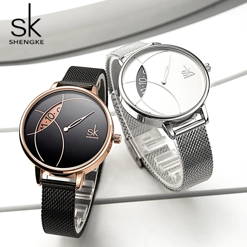 Shengke Fashion Watch Women Lady Casual Watches Stainless Steel Mesh Band Stylish Desgin Quartz Watch Relogio Feminino new 2022