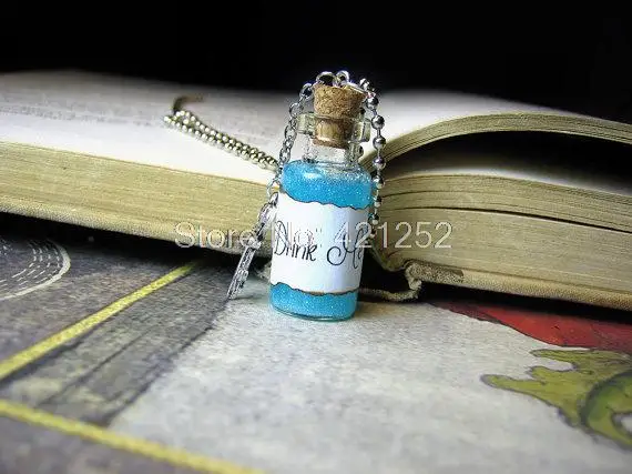 Drink Me necklace with key charm Alice in Wonderland  inspired Glass Bottle Neckace