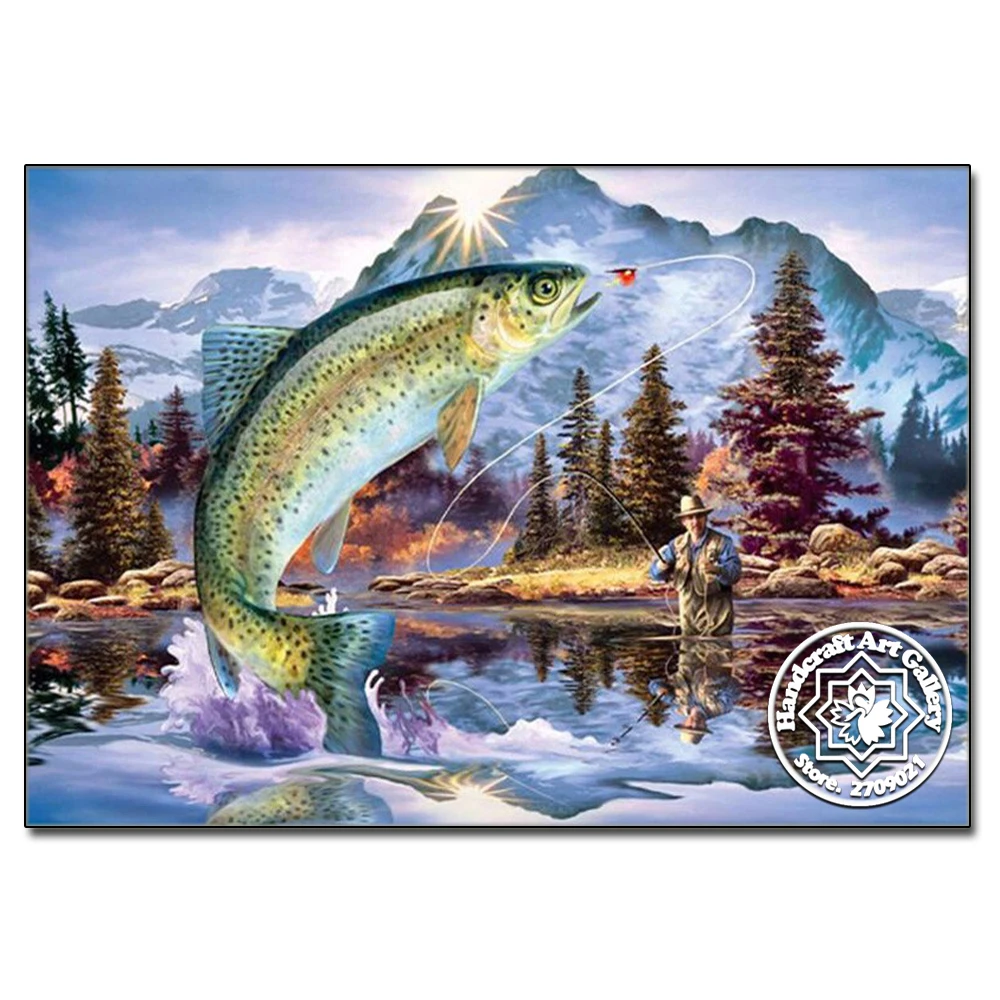 New 3D DIY Diamond Painting Cross Stitch Fisherman Fishing Crystal Needlework Diamond Embroidery Full Diamond Decorative