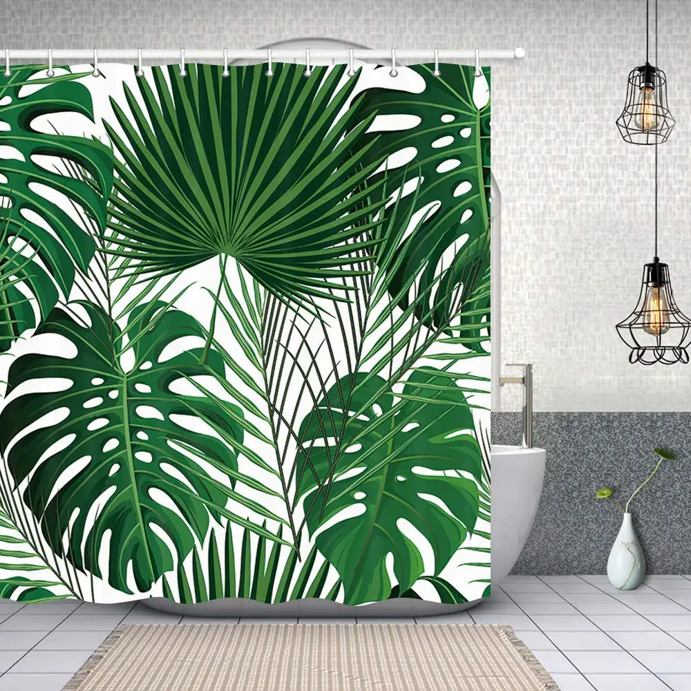 Grün Tropischen Pflanzen Dusche Vorhänge für Bad Abstrakte Exotischen Palm mit Monstera Blätter