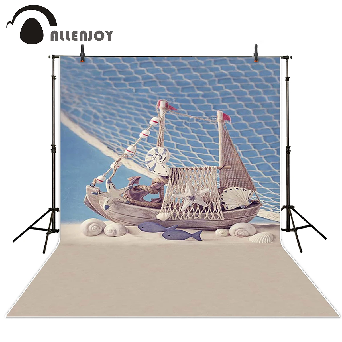 Allenjoy kids backdrop Toy fish shells wood board beach fishing net children photography Background for a photo shoot