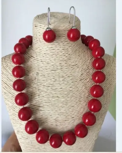 18mm natural round red coral necklace 17~18inch earrings  jewerly set