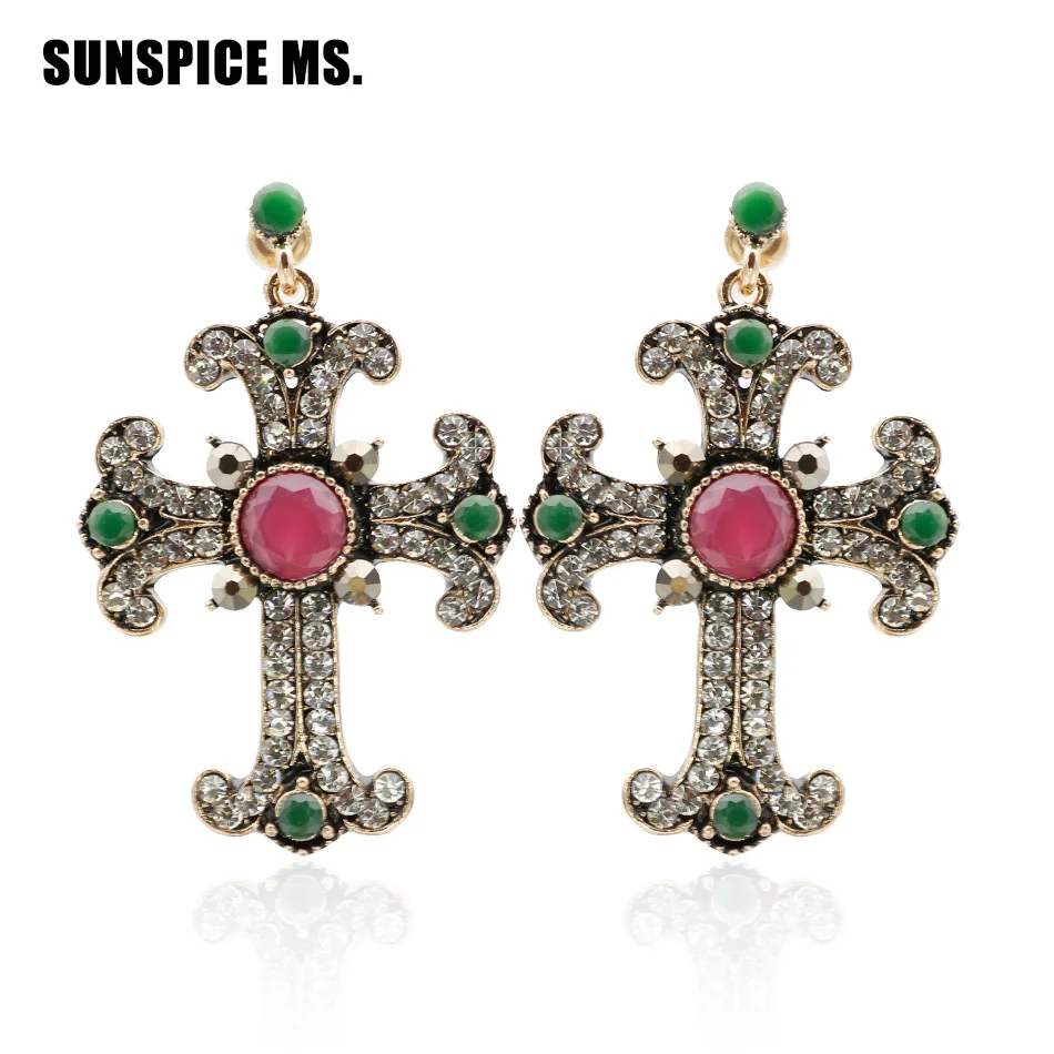 Holy Gorgeous Vintage Cross Dangle Earring Antique Gold Color Women Resin Jewelry For Religious Activities Indian Drop Earrings