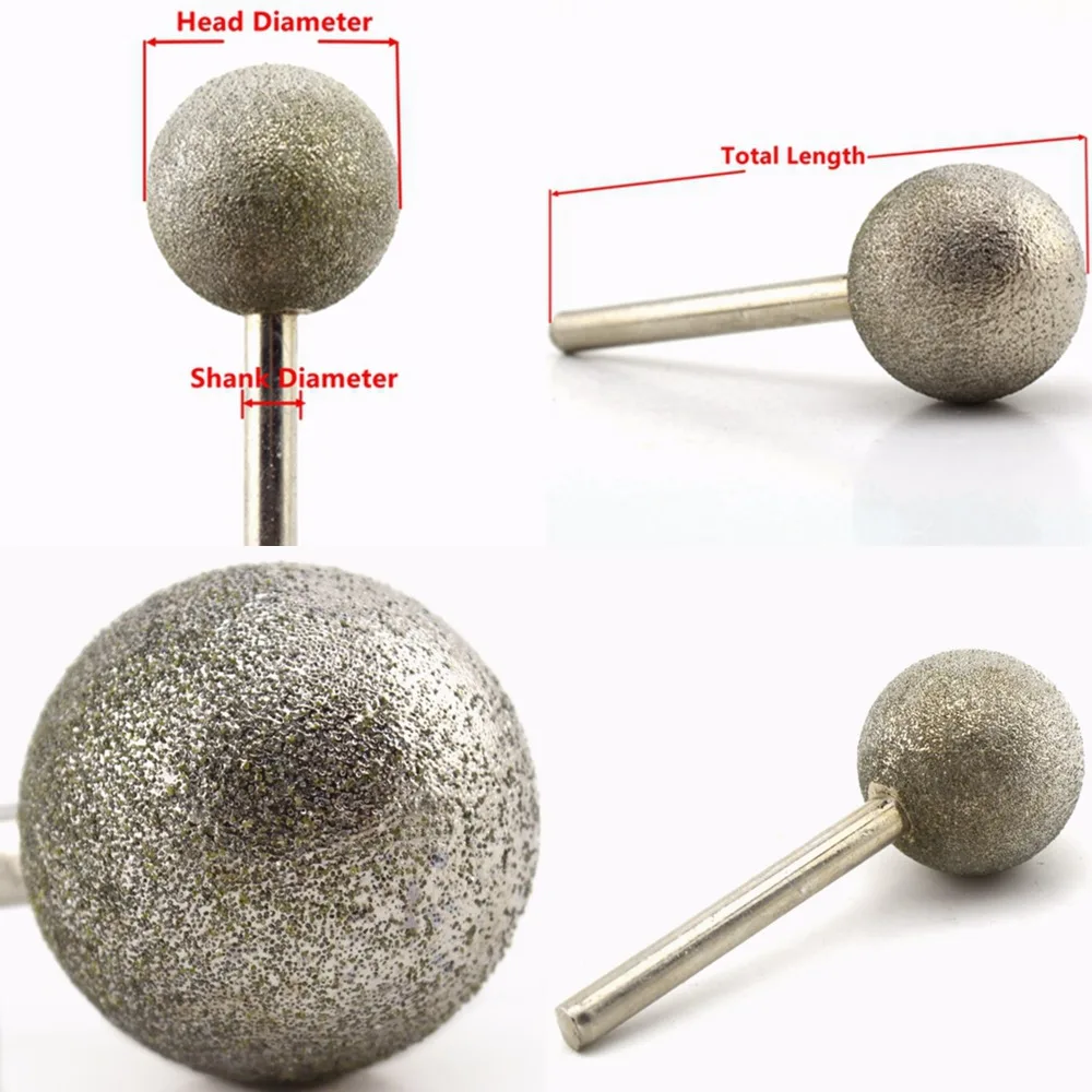 15-50mm Dia Spherical Head Diamond Grinding Bit Coated Mounted Points Round Ball Burs Shank 6 Grit 80 Coarse Tools for Stone