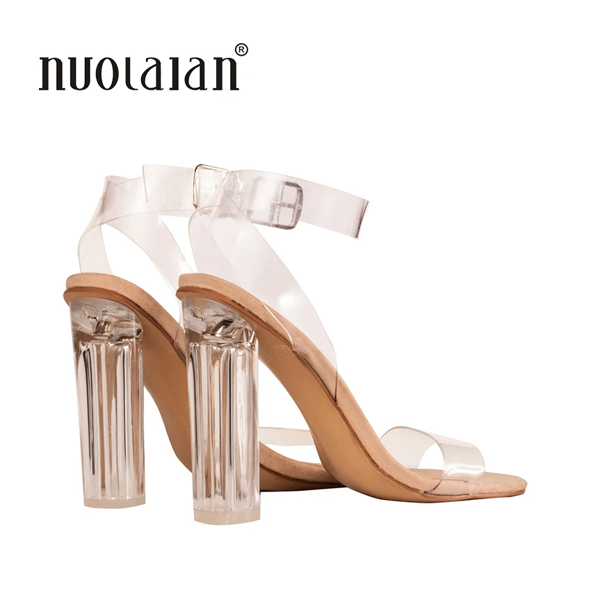 2018 Newest Women Pumps Celebrity Wearing Simple Style PVC Clear Transparent Strappy Buckle Sandals High Heels Shoes Woman