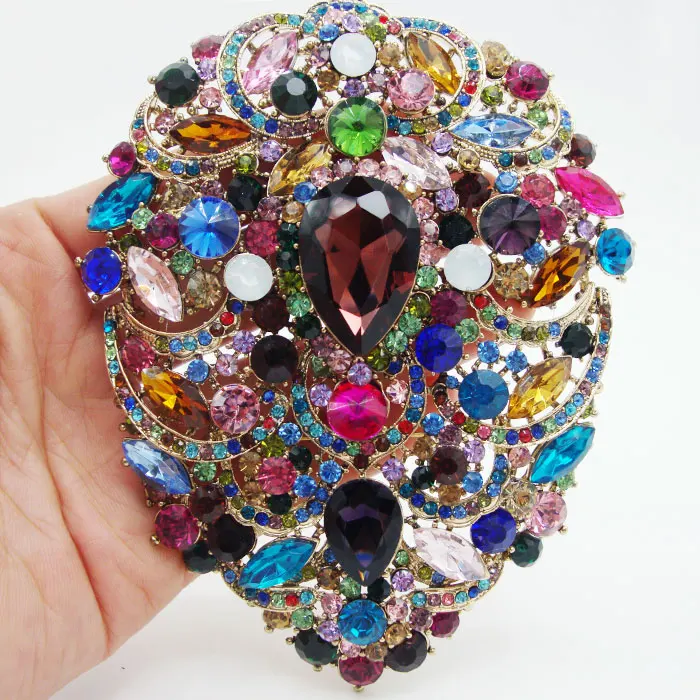 Huge Vintage Flower Drop Pendant Brooch Pin Multi-color Rhinestone Crystal