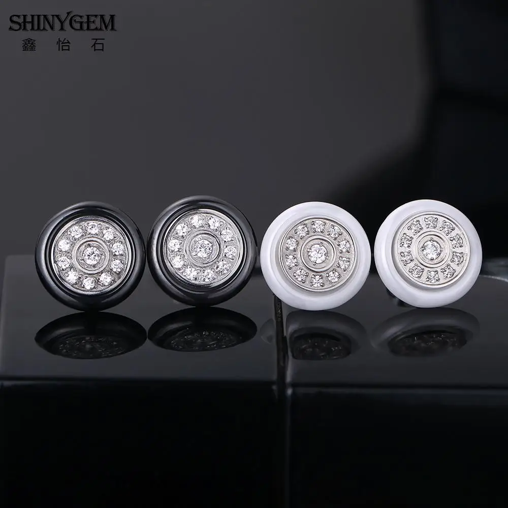 ShinyGem Black White Ceramic Stud Earrings Round/Square Stainless Steel Earrings AAA White Zircon Korean Earrings For Women 2020