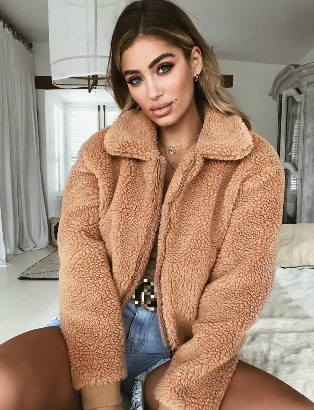 Fashion Women Zip Up Winter Warm Faux Fur Jacket Outerwear Long Sleeve Fleece Jackets Sweater Fluffy Coat Stylish Female Outwear