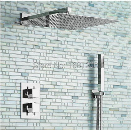 

16" Bathroom Square Wall Mounted Ultra Thin Bath Shower Thermostatic Shower Sets 2-Way Bathroom Concealed Install 3256