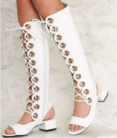 

Summer Ladies White Grommet Cross-tied Sandals Boots Med Chunky Heel Rome Long Tube Knee High Boots Summer Sexy Women Botas