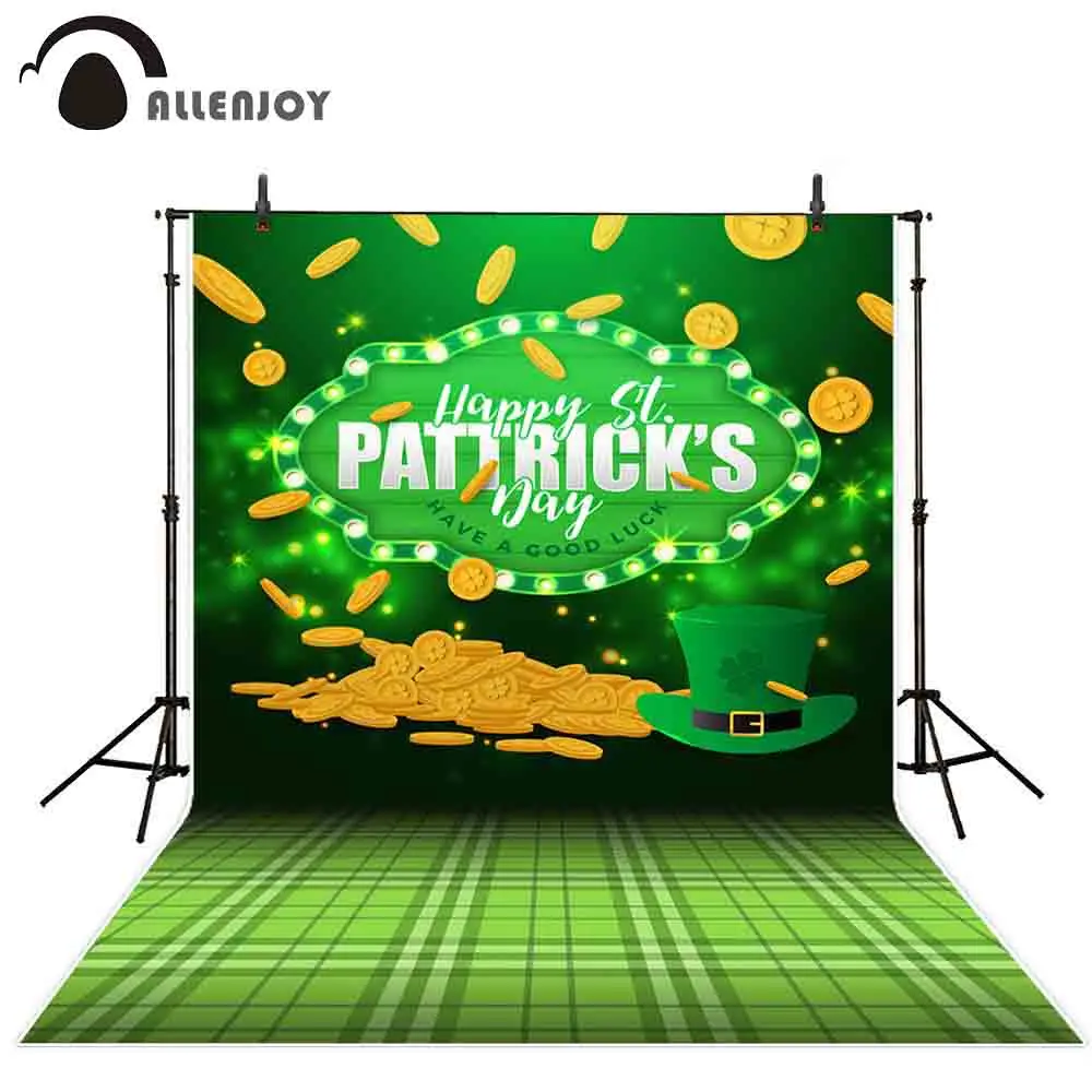 

Allenjoy photography backdrop ST.Patrick's Day green frame hat shamrocks lucky coins party photobooth photocall background