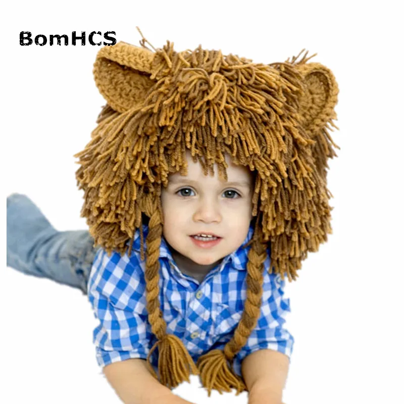 

BomHCS Cute Kid's Lion Wig Beanie 100% Handmade Knitted Funny Winter Hat Gift