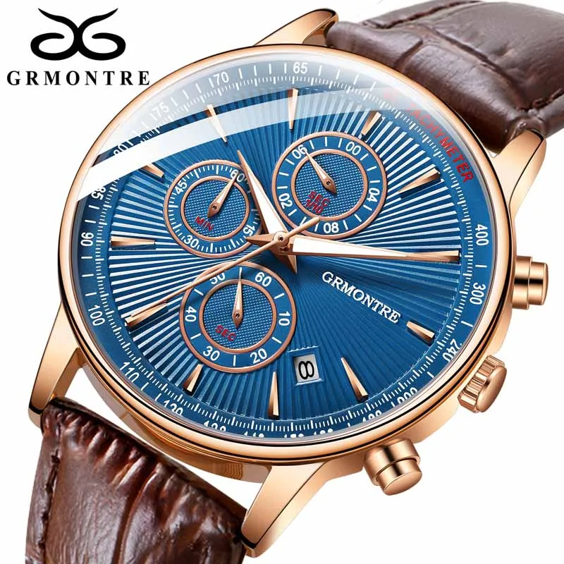 

New Fashion Men Watches Analog Quartz Wristwatches Waterproof Chronograph Sport Date Leather Band Watches montre homme GrMontre