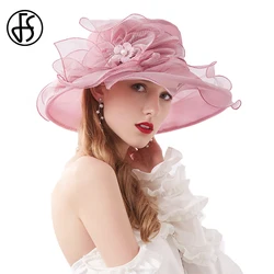 FS Summer Organza Fascinator Foldable Wedding Church Dresses Kentucky Derby Hats For Women Elegant Pink Wide Brim Sun Hat Fedora