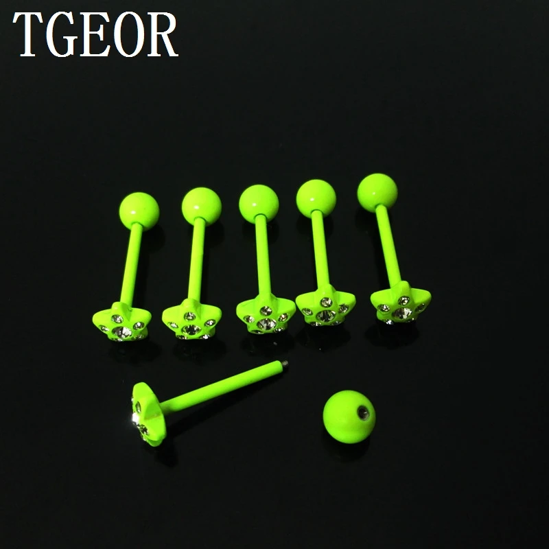 جديد 1 زوج 1.6*16*6/7 مللي متر نجمة جوهرة 6 بلورات اللسان الحديد الفولاذ المقاوم للصدأ مختلطة النيون ألوان ثقب اللسان خاتم شحن مجاني