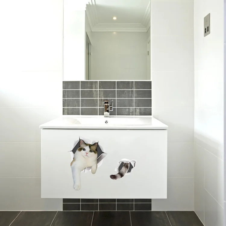 Niedliche Kätzchen-Wandaufkleber, 3D-Badezimmerschrank-Dekorationen für Zuhause, Kunst-Aufkleber, wasserdichte Wandbild-Katzen-Toilettenaufkleber-Tapete – Detail 7