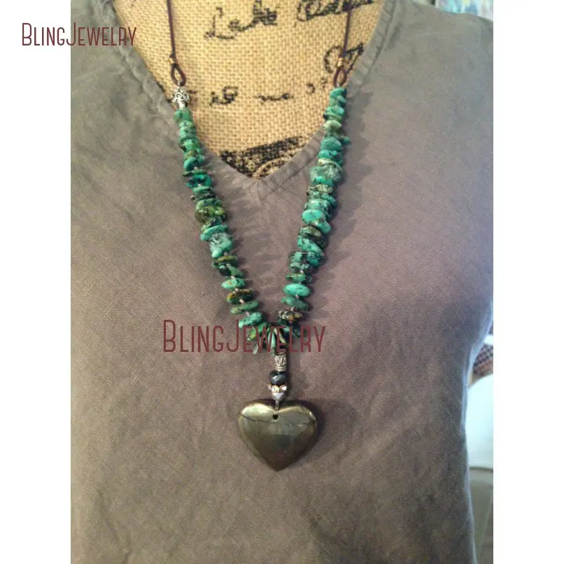 Boho style Pyrites Heart Pendant Necklace African Turquoises and Leather  NM20599