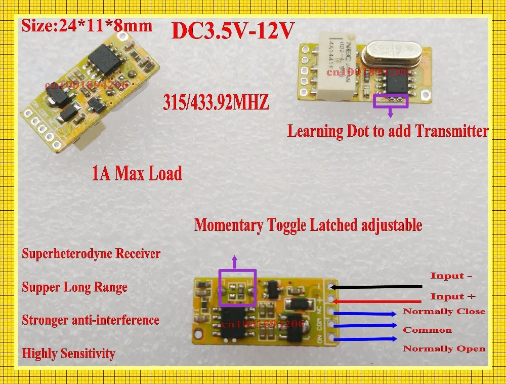 DC3.5V-DC12V Mini Relay Receiver DC3V-DC12V Transmitter PCB Power ON Transmitting 3.7V 4.5V 5V 6V 7.4V 9V 12V Wireless TX RX Mod