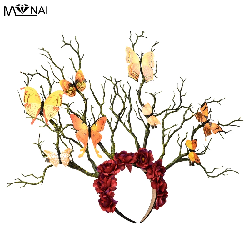 Long Antler Tree Branches Headband Props Horns Hair Accessory Cosplay Headpieces Kwaii Butterfly Flowers Horn Fancy Headdress