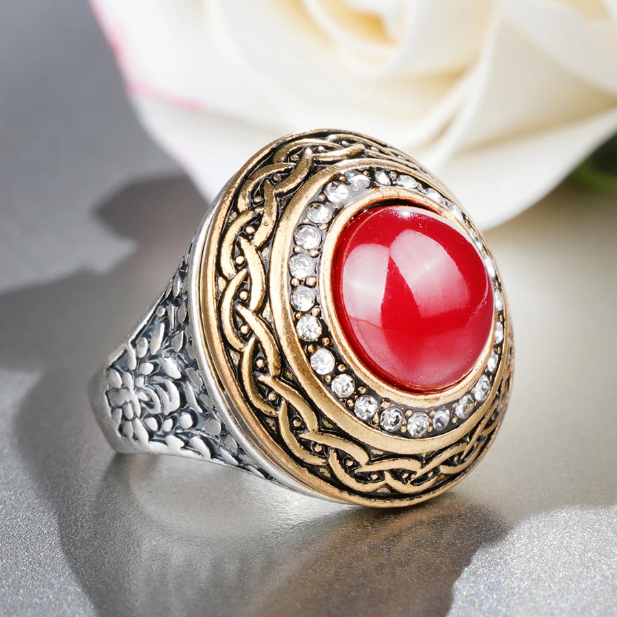 Kinel Luxury Vintage Wedding Ring For Women Gold Color Inlay Red Resin Crystal Fashion Round Big Rings Indian Jewelry