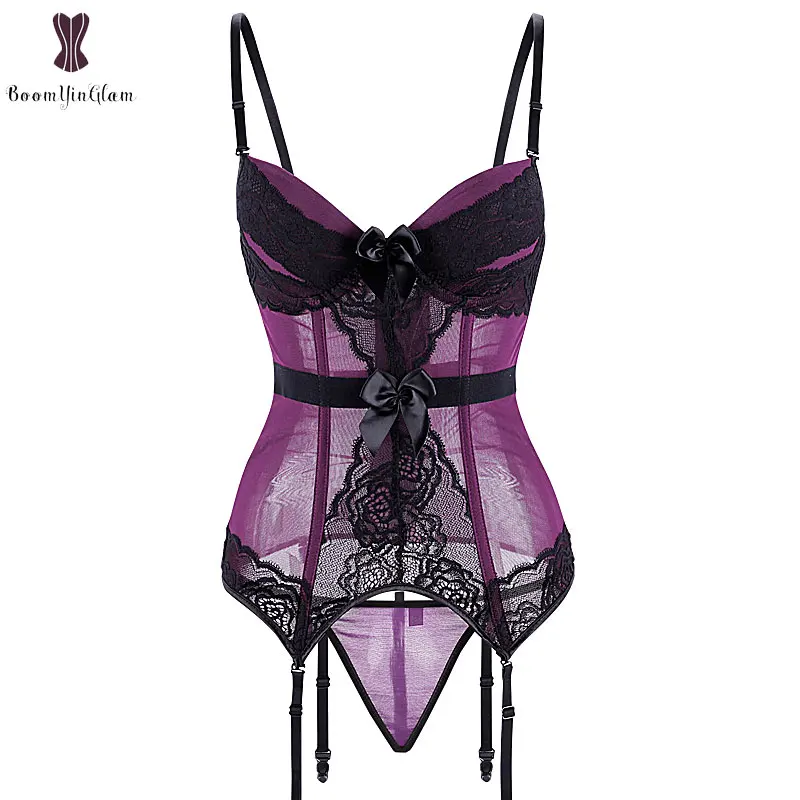 Wholesale Cheapest Sexi Corset Lingerie Lace Transparent Padded Cup Bustier Lingeries Top Suspender Belt Straps Underwear Korse