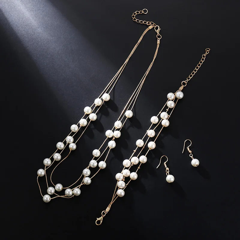 TREAZY 3 Layers Cream Simulated Pearl Jewelry Set for Women Necklace Earrings Bracelet Sets Bridal Wedding Jewelry Accessories