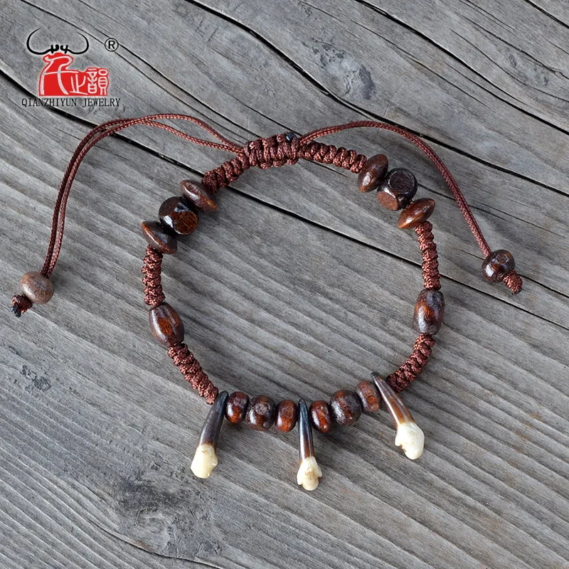 YS010 Natural bone punk bracelet wood beads bracelet men spike bracelet women Primitive tribes jewelry Fake wolf Tooth Bangles