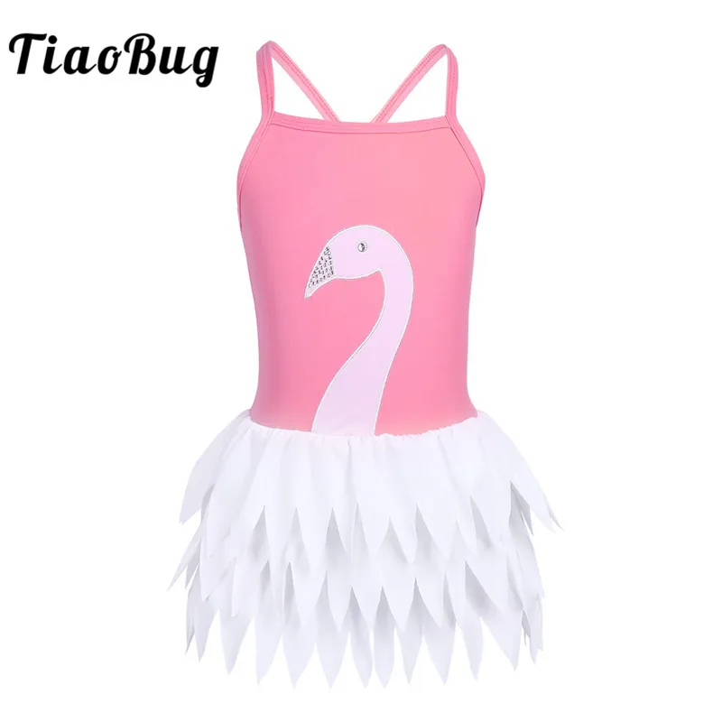 TiaoBug Kids One-piece Spaghetti Straps Swan Ruffles Swimsuit Swimwear Children Girls Beachwear Swimming Bodysuit Bathing Suit