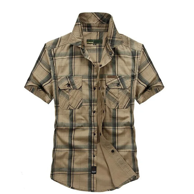 

Cotton Men's Short Sleeve Shirt Brand Clothing Chemise Homme Plaid Shirts Cargo Military Tops Male Clothing