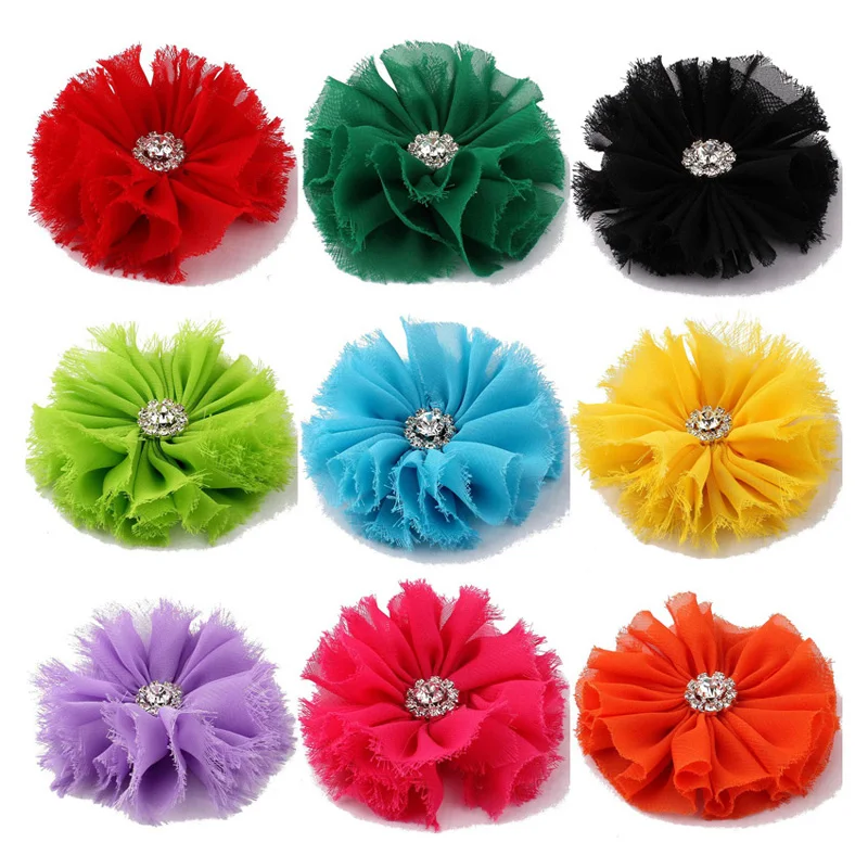 120pcs/lot 16colors Hair Clips Ballerina Chiffon Flower+Rhinestones For Hair Accessories Shabby Fabric Flowers For Headbands DIY