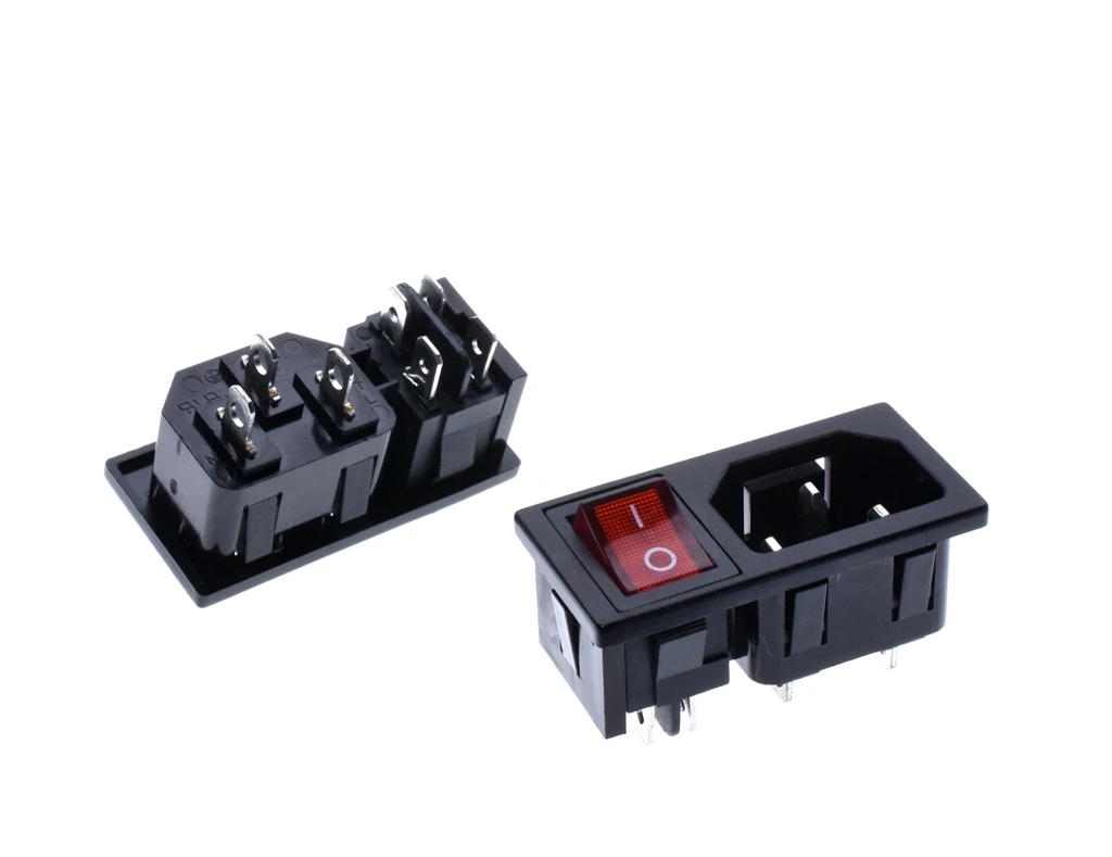 3Pin Red Rocker Switch Fused IEC 320 C14 Inlet Power Socket Fuse Switch Connector Plug Connector AC 10A 250V
