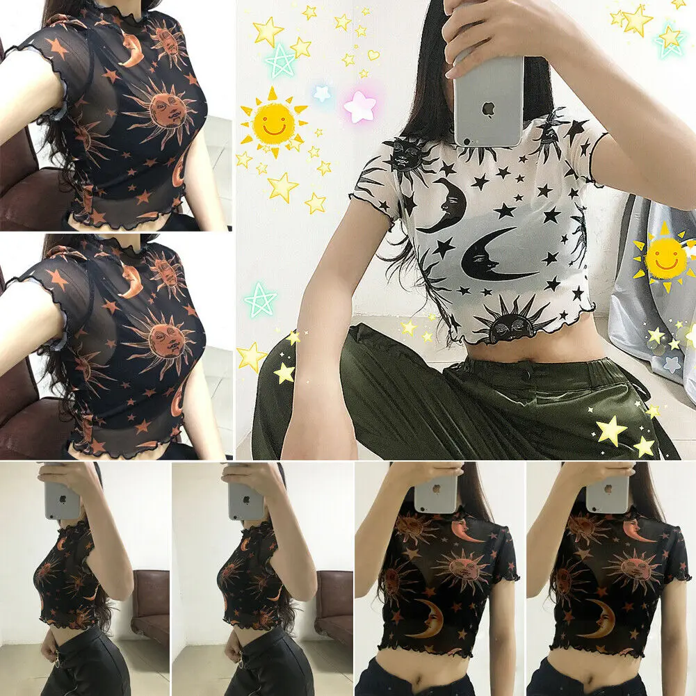 

Women Ladies See Through T-Shirts Sexy Lady Mesh Sheer Crop Tops Printed Short Sleeve Round Neck Slim Tops Transparent T-Shirts