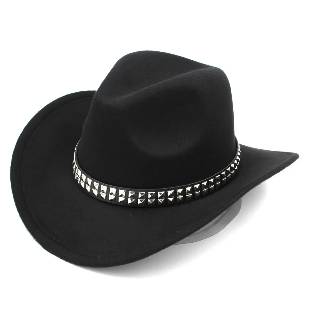 

Mistdawn Women Men Western Cowboy Hats Wide Brim Cowgirl Jazz Cap Punk Rivet Leather Band Size 56-58cm