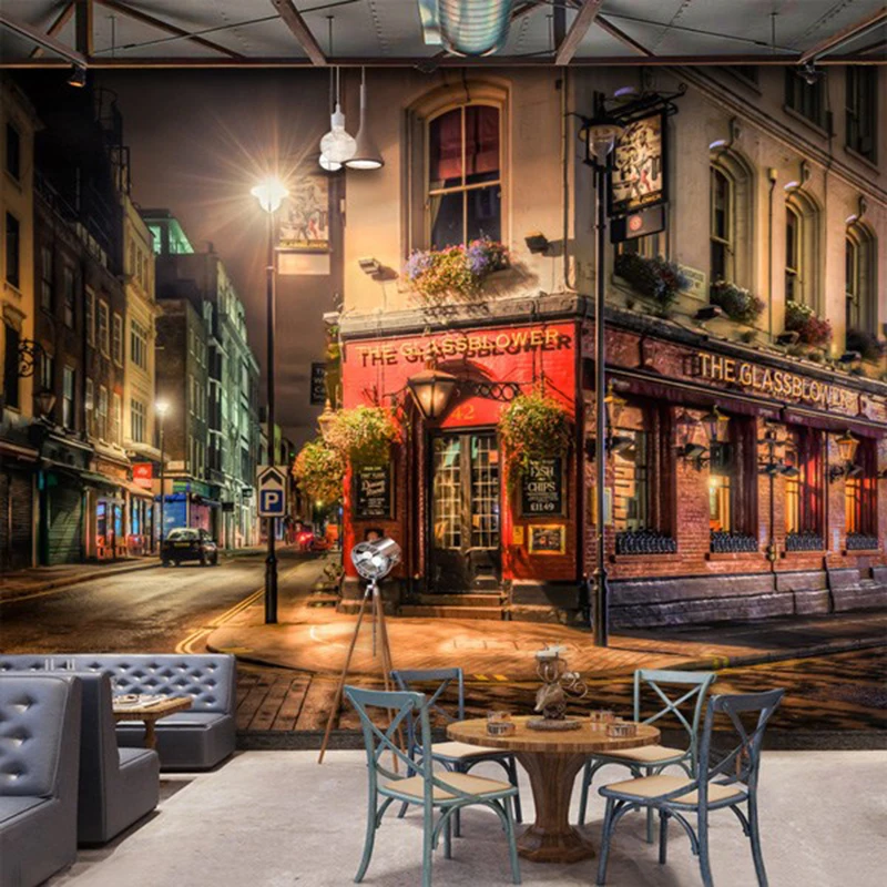 Custom 3D Murals Wallpaper European Street City Night Landscape Photo Wall Cloth Restaurant Cafe Background Wall Covering Decor