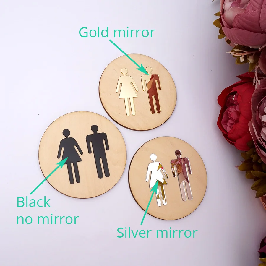 4mm Wooden Round Toilet Door Sign Bathroom WC Acrylic 3d Black Gold Silver Mirror Surface Wall Sticker Home Decor Favor