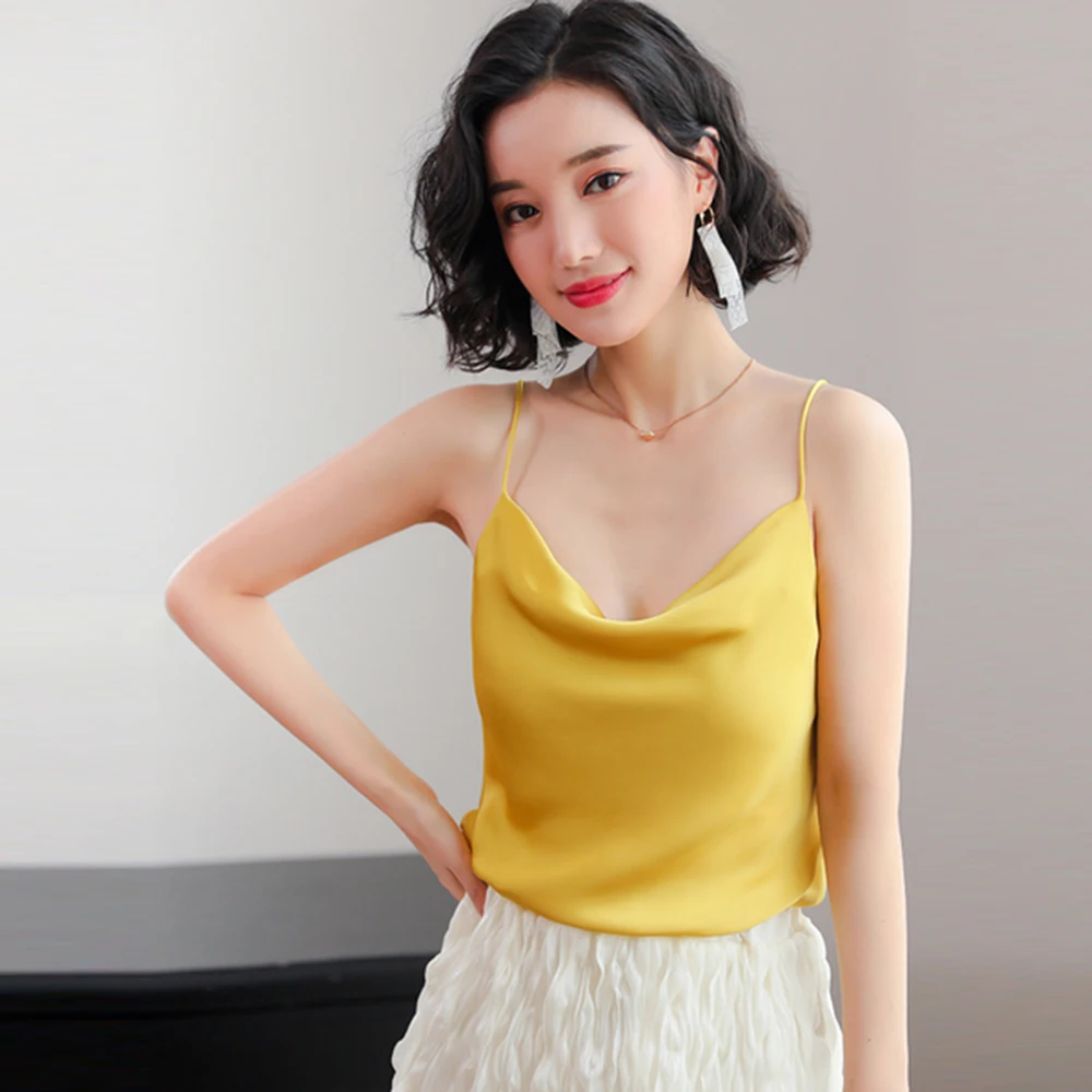 Gkfnmt Women Tank Top 2019 New Summer Sexy Sleeveless Faux Silk Shirt Cami Loose Female Crop Tops Vest Ladies Black White Yellow