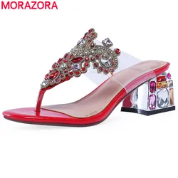 MORAZORA 2024 new genuine leather women slippers rhinestone square high heels Crystal summer shoes flip flops ladies shoes