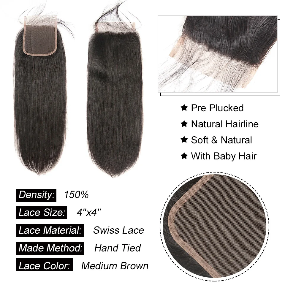 AliPearl-Straight Lace Encerramento Cabelo Humano com Cabelo de Bebê, Pré-Arrancado, Natural Preto, Peruano, 4x4